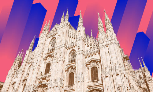 Immagine scontornata del Duomo, in background un pattern inclinato di linee blu e rosa